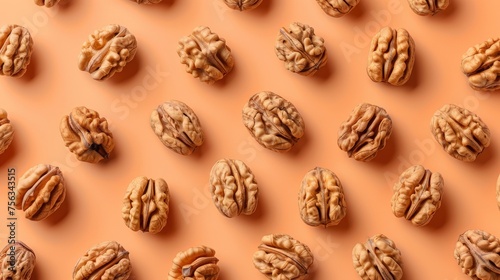 Realistic walnuts apart from each other photo pattern, flat color background, isometric, view from top, bird eye view, professional studio shoot