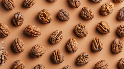 Realistic walnuts apart from each other photo pattern, flat color background, isometric, view from top, bird eye view, professional studio shoot