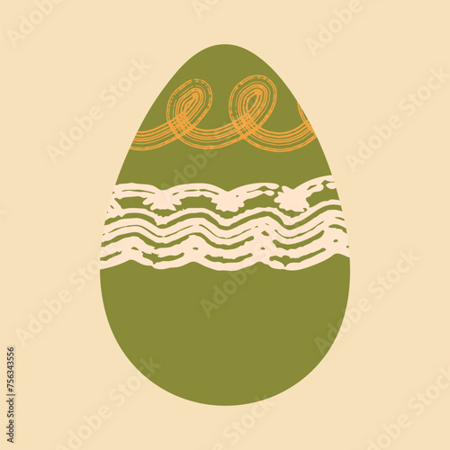 Easter egg vector illustration. Cute green egg decorated with hand drawn brush strokes on pastel beige background. Flat cartoon poster. Egg hunt modern textured design for cards, print, social media