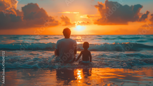Silhouettes of an adult and child sitting on the beach, watching a vibrant sunset over the ocean.