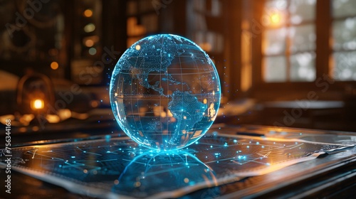globe hologram on table and graph paper created