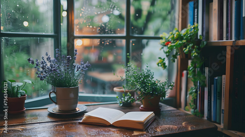 Pastel  periwinkle  and lavender  minimalist wallpaper  cafe and library aesthetic by a rainy window  some plants
