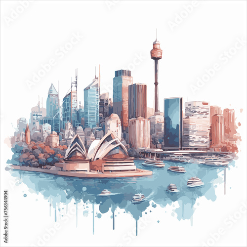 watercolor of Sydney skylines isolated on white background