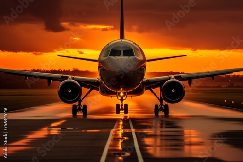A large jetliner taking off from an airport runway at sunset or dawn with the landing gear down. Tourism and travel concept © bondar911