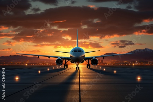 A large jetliner taking off from an airport runway at sunset or dawn with the landing gear down. Tourism and travel concept