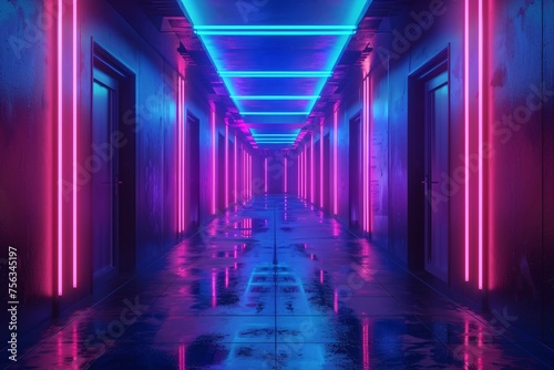 Neon Dreams A Rainbow-Colored Hallway in a Futuristic City Generative AI