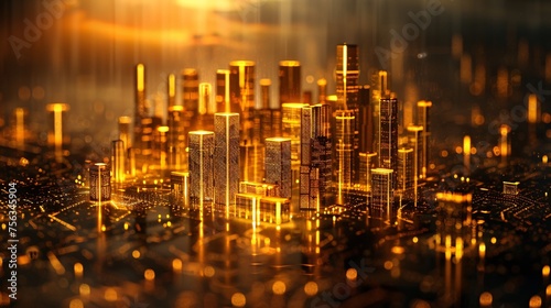 Gold business chart no text on the city background, dark themes, text copy space