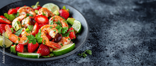 Delicious prawn salad with strawberries, avocado, and greens on textured background With space for text
