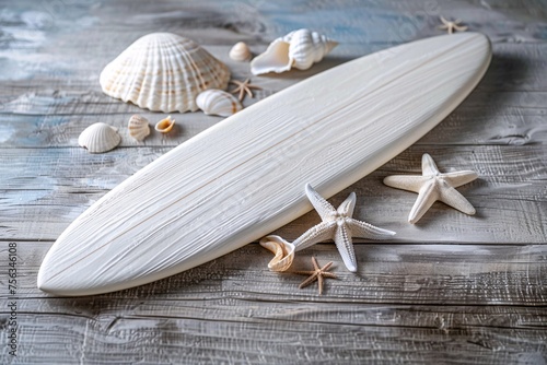 a white surfboard with starfish and shells on a wood surface