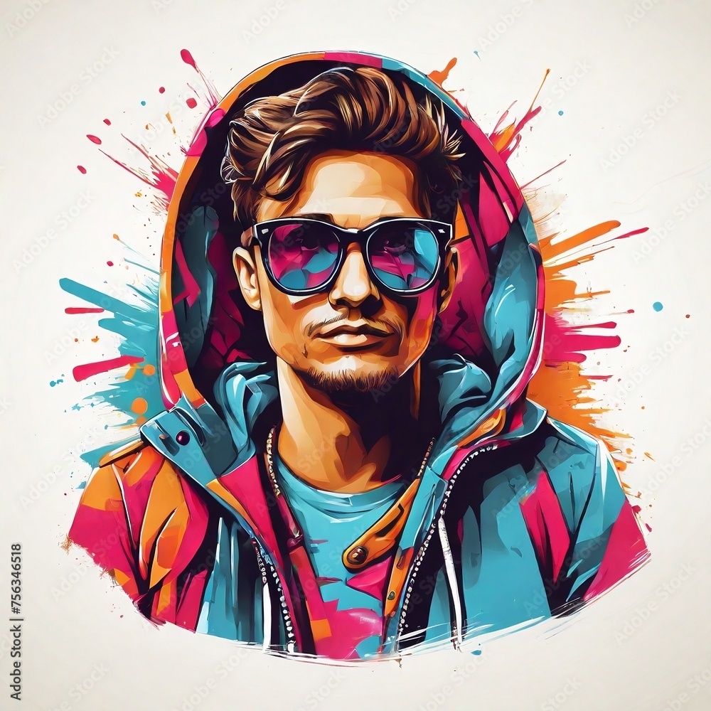 illustration of a trendy and cool man with a hoodie jacket and glasses t-shirt design. beautiful art design for t-shirts, stickers, posters, social media, web. generative ai - obrazy, fototapety, plakaty 