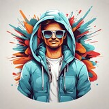 illustration of a trendy and cool man with a hoodie jacket and glasses t-shirt design. beautiful art design for t-shirts, stickers, posters, social media, web. generative ai