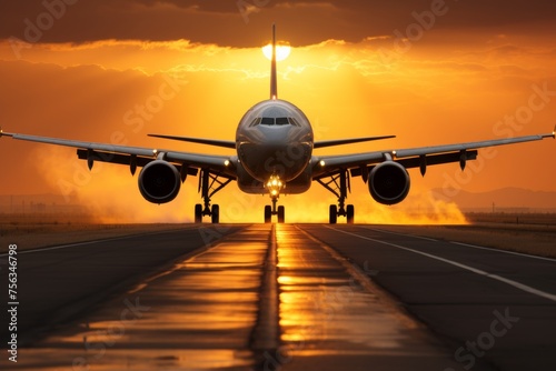 A large jetliner taking off from an airport runway at sunset or dawn with the landing gear down. Tourism and travel concept
