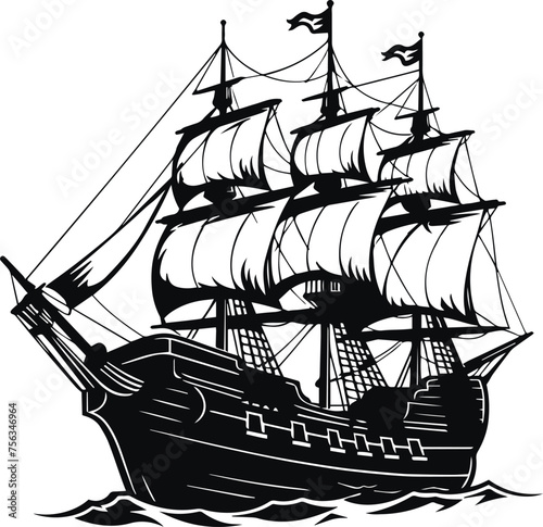 Pirate Ship in sea, Ship silhouette Vector illustration