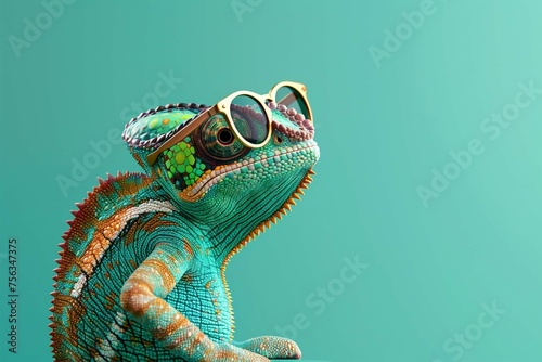 A cool Chameleon wearing sunglasses on a green backdrop, attention-grabbing style sales and marketing banner for corporate and business photo