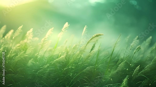Soft green grass field moving in the wind. Nature spring background. Selective and soft focus of grass, flowers and wild plants moving by a blowing wind and illuminated by a golden sunset. Summer 4k