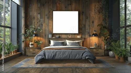 Create an indie aesthetic 3D illustration of a hipster bedroom with a poster frame mockup on a wooden wall for personal art collections.