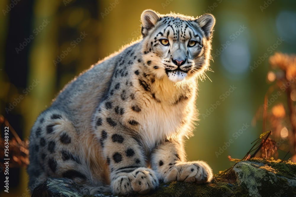 Obraz premium Majestic Snow leopard sitting. Face animal. Generate Ai