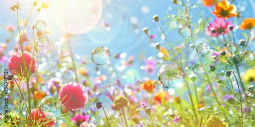 Bright flowers and floating soap bubbles against a blue sky, depicting a playful and magical atmosphere.