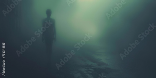 A shadowy figure standing alone in a foggy  eerie corridor  creating a sense of mystery and suspense.