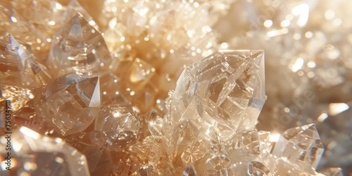 Close-up of shimmering crystal formations with intricate details and warm golden tones.