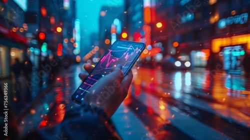 hand holding a handphone no brand with a trading analysis hologram with light effects on a blurred background