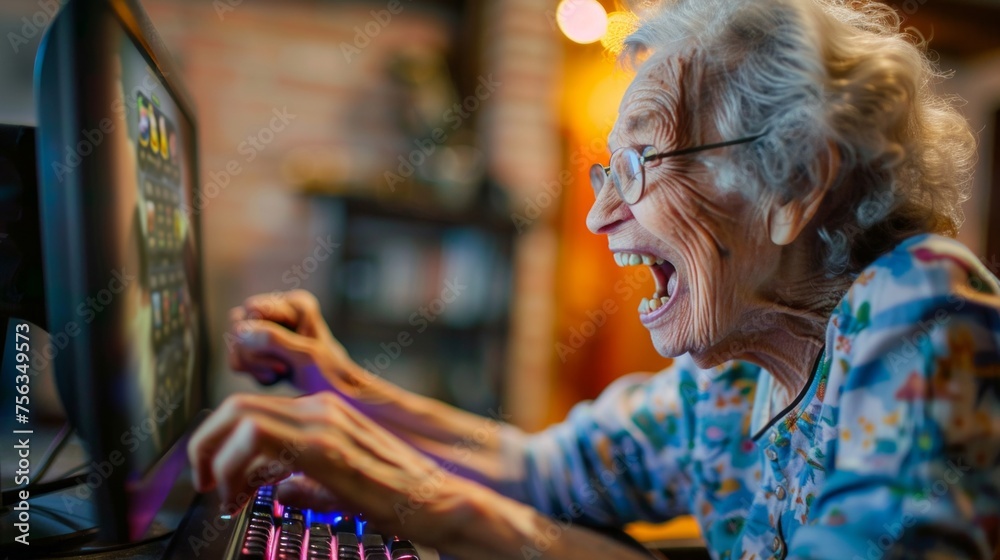 An elderly woman laughing heartily as she plays an exciting computer game, displaying timeless joy. An elderly woman laughing heartily as she plays an exciting computer game, displaying timeless joy.