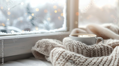 A warm cup of coffee wrapped in cable knit throw on a frosty windowsill, evoking a cozy winter atmosphere.
