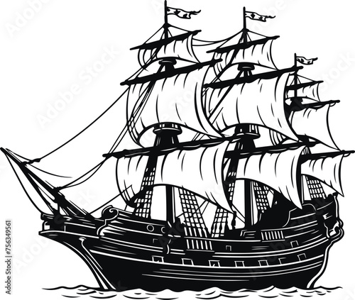 Pirate Ship in sea, Ship silhouette Vector illustration