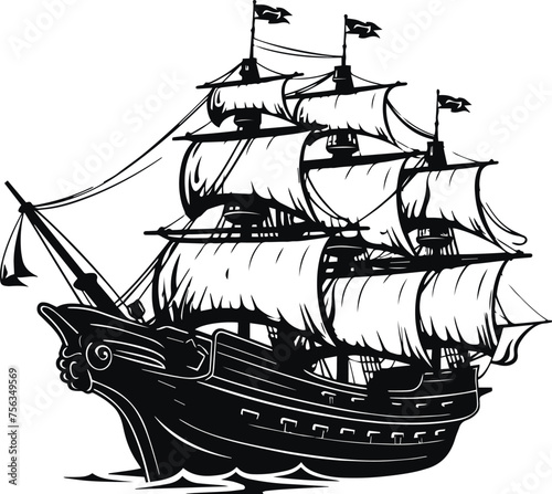 Pirate Ship in sea, Ship silhouette Vector illustration