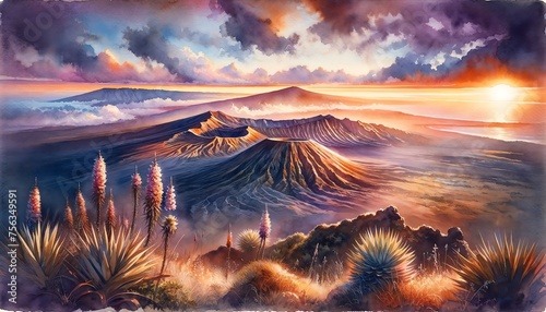 Watercolor landscape of Haleakalā in Hawaii