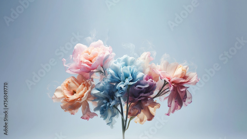 Colorful blooming flower bouquet on a bright blue background with copy space. Mystical pastel floral spring aesthetic.