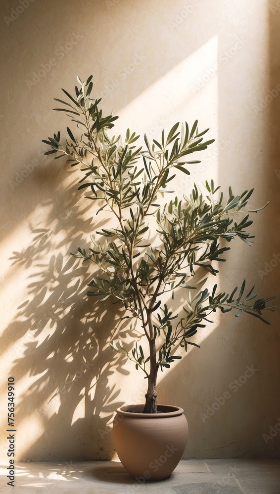Olive tree in a clay pot against sunlit beige wall. Minimal rustic nature aesthetic. Natural houseplant greenery decoration.