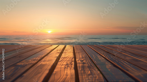 Sunset sea beach with wooden floor
