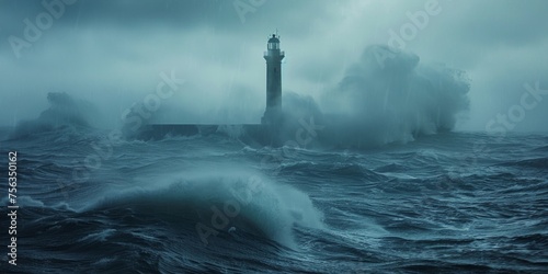 A solitary lighthouse stands resilient amidst tumultuous dark blue waves under a stormy dusk sky.