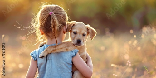 A little girl tenderly holds a golden puppy in a warm sunset light, expressing affection and companionship.
