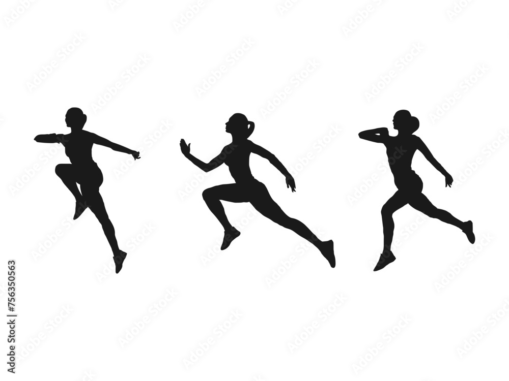 Set of silhouettes of running women. Running men and women, vector set of isolated silhouettes. Running woman side view vector silhouette.  Woman athletes on running race on white background.