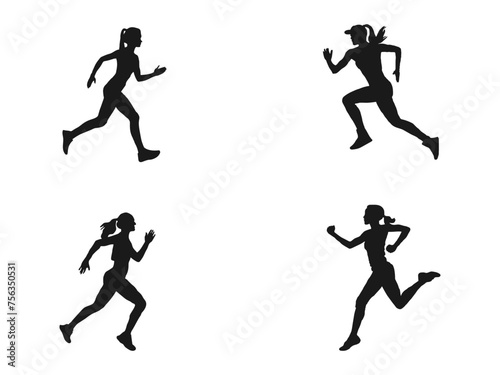 Set of silhouettes of running women. Running men and women, vector set of isolated silhouettes. Running woman side view vector silhouette. vector icons for web design isolated on white background.