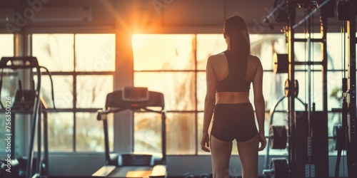 Silhouette of a fitness enthusiast woman facing the sunrise in a gym, contemplating a new day's workout.