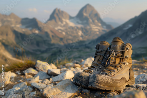 Hiking boots on rocky terrain with mountains