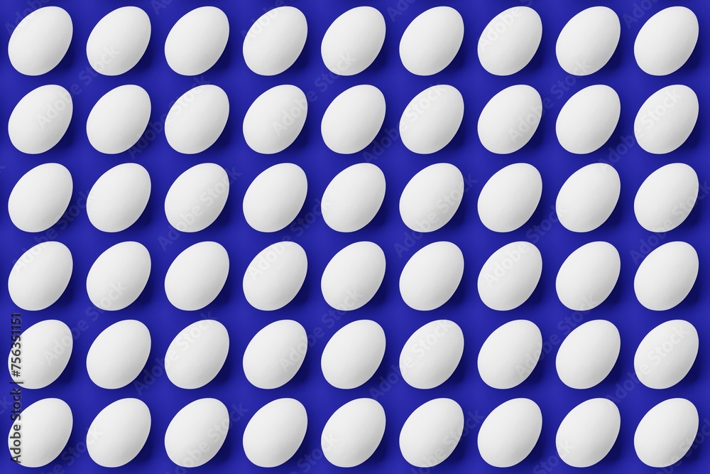 Many white eggs on navy background. Top flat view, disorder and grid, diagonal. 3d render, illustration