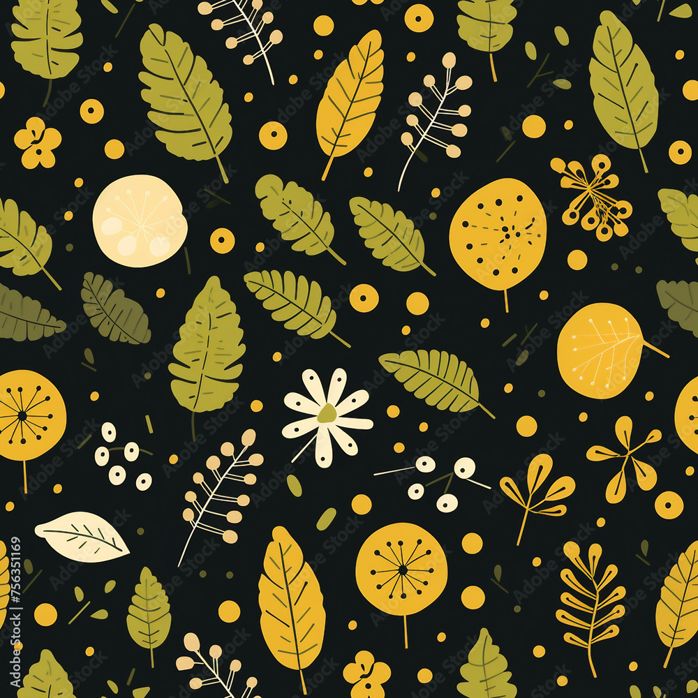 A black and yellow floral pattern with green leaves and yellow flowers