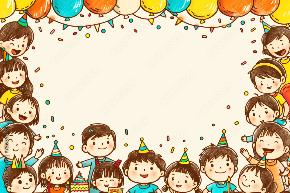 Happy Kids Frame with Birthday Party Elements and Balloons Happy Kids Frame with Birthday Party Elements and Balloons