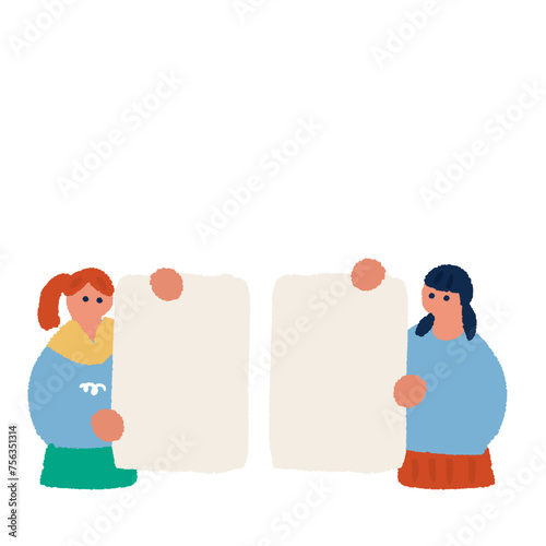 ボードを持つ女性のフラットでシンプルなイラスト
