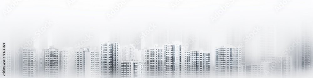 architectural white urban background long narrow panoramic view, row of houses on white fog , blank design, urban concept