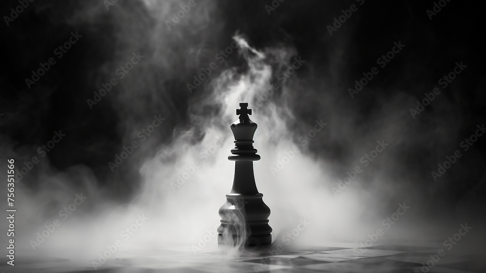 a lonely chess piece on a chessboard in disturbing lighting and fog, concept strategy decision-making leadership - obrazy, fototapety, plakaty 