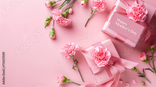 Mother's Day concept. Top view photo of two trendy gift boxes with ribbon bows and carnations on solid pastel pink color background with copy space