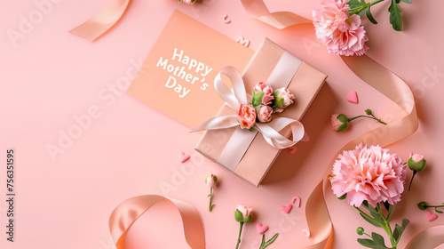 Mother's Day concept. Top view photo of a trendy gift box with ribbon bows and carnations on solid pastel peach color background with copy space