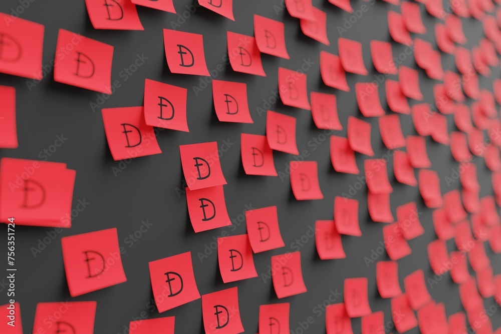 Many red stickers on black board background with dogecoin symbol drawn on them. Closeup view with narrow depth of field and selective focus. 3d render, Illustration Many red stickers on black board background with dogecoin symbol drawn on them. Closeup view with narrow depth of field and selective focus. 3d render, Illustration