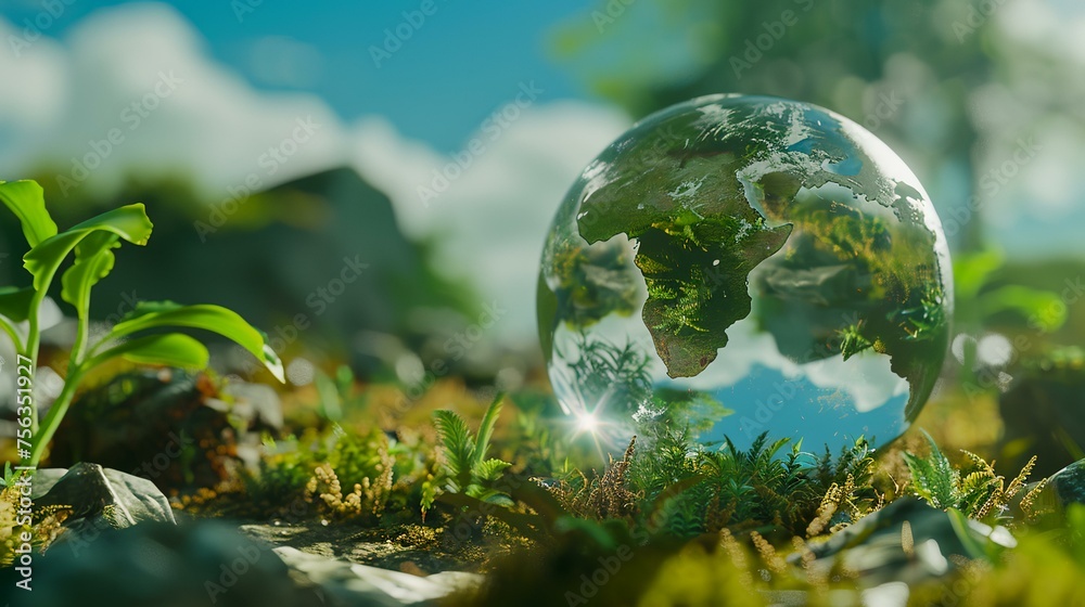 Globe on green grass. Environment and ecology concept. 3D Rendering
