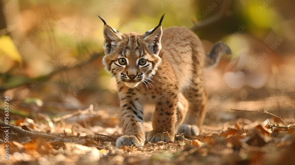 Obraz premium Close-up of a beautiful eurasian lynx cub walking in the forest 